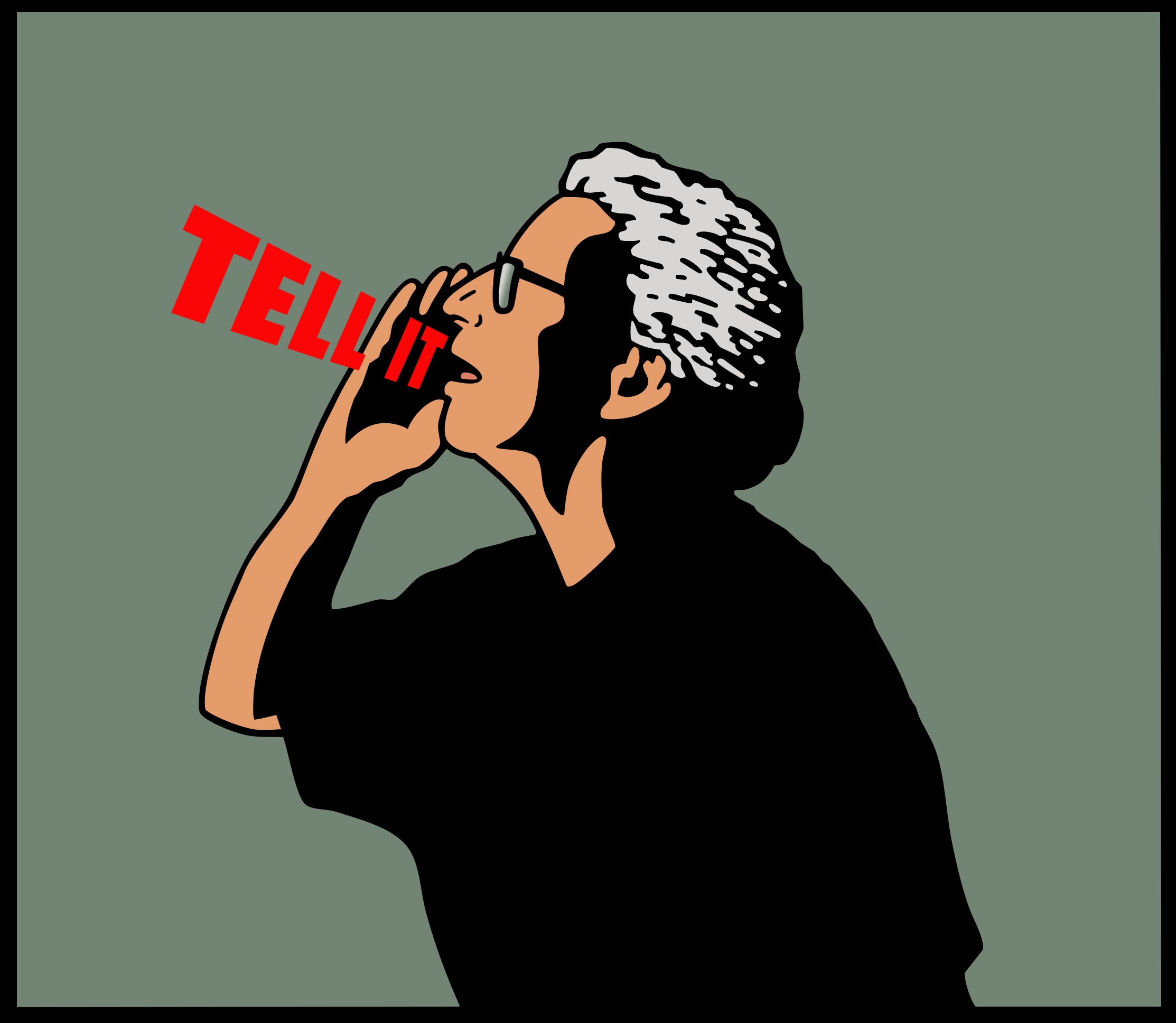 Tell It logo featuring a man calling out through a megaphone